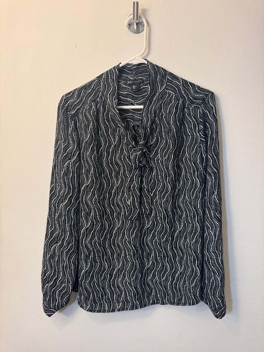 Jones New York JNY Black and White Wavy Polka Dot Print Tie-Neck Long Sleeve Blo